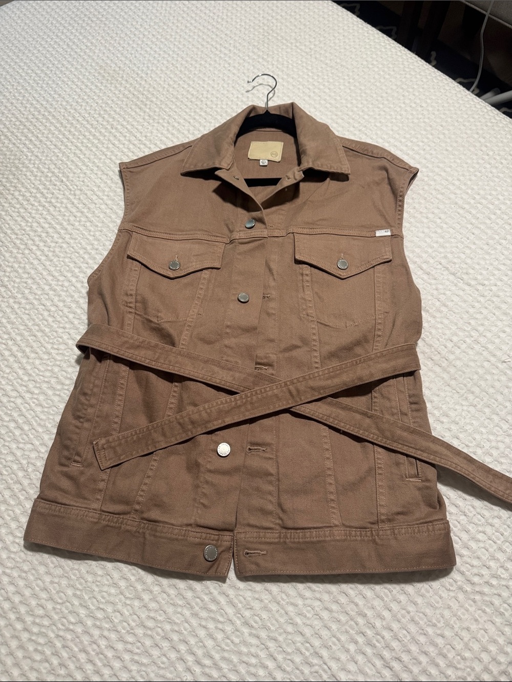 AG Kendrix Belted Denim Vest in Almond Biscotti